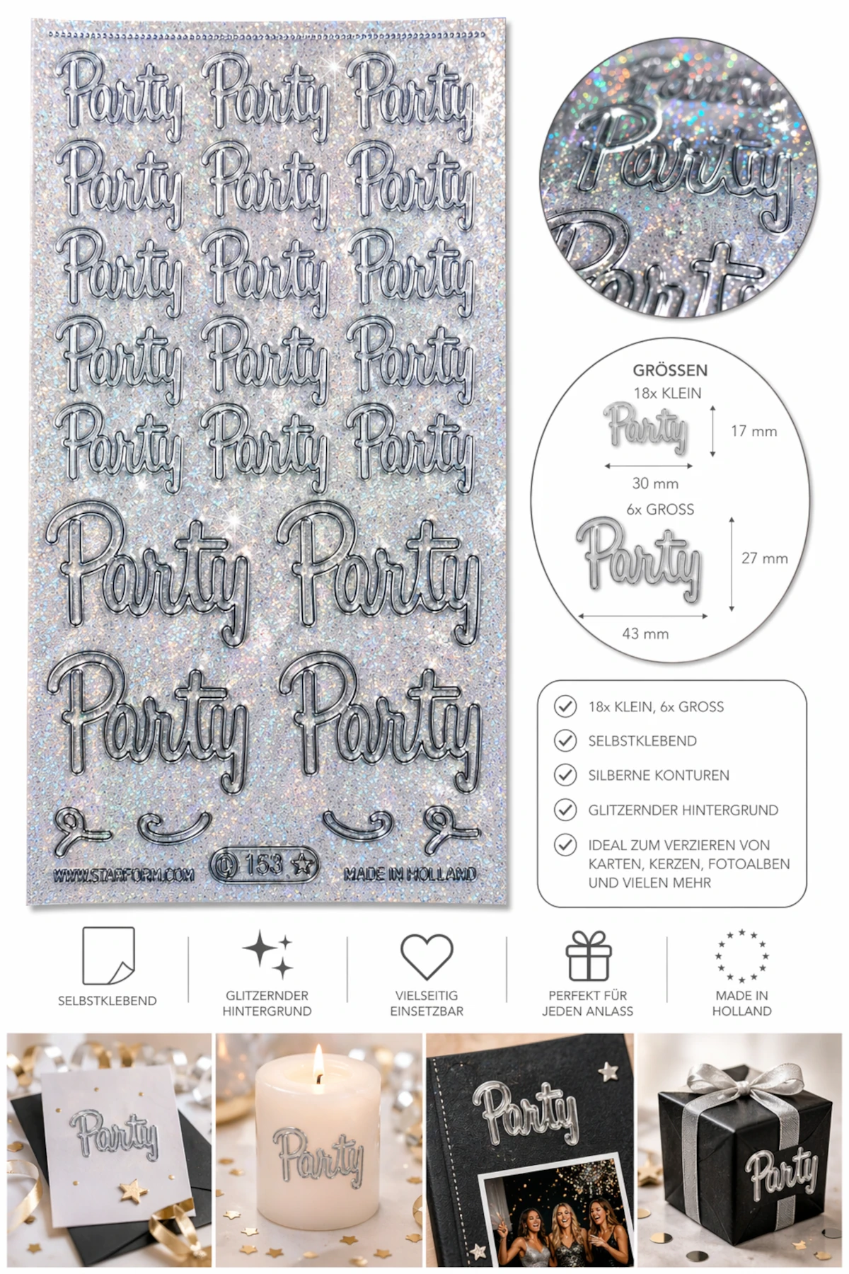 Bild Sticker Party transparent silber glitzernd Starform 153