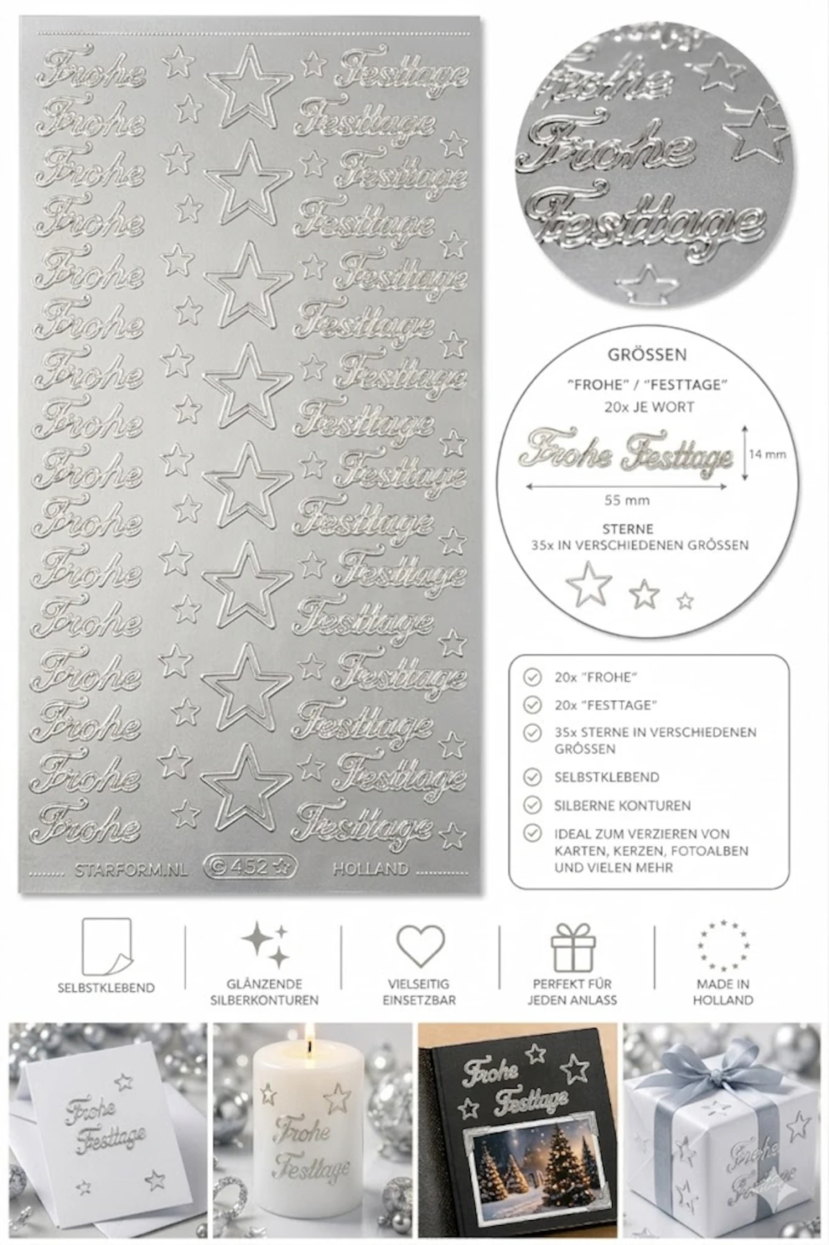 Bild Sticker Frohe Festtage silber Starform 452